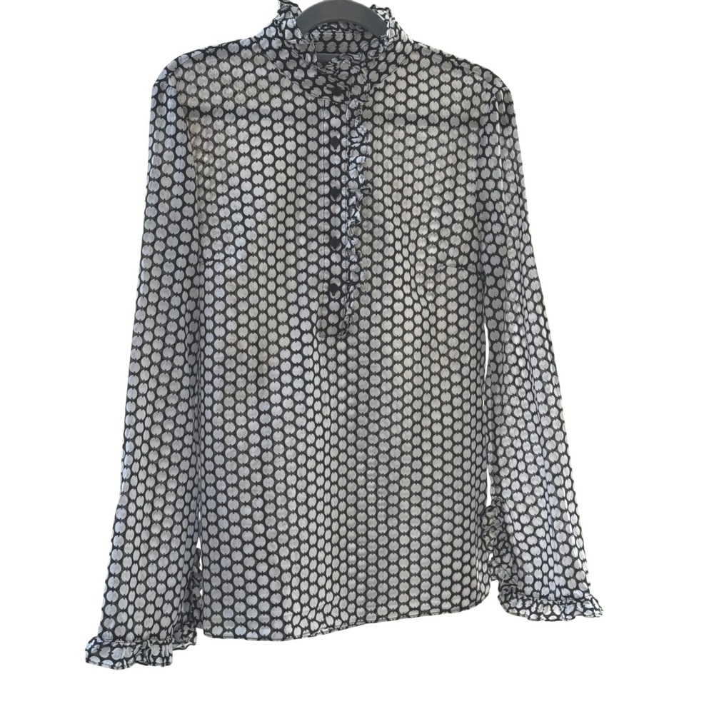 Tory Burch Blouse Women Size 8 Black White Geometric Dot EUC Ruffle High Neck